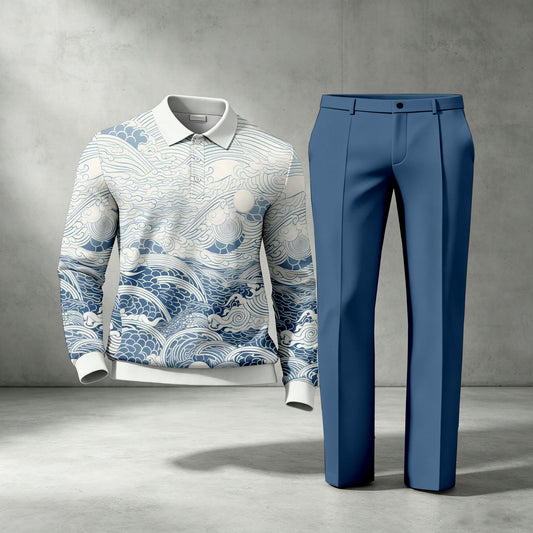 Men's Two-Piece Set: Long-Sleeve Polo Shirt with Wave Print and Pants