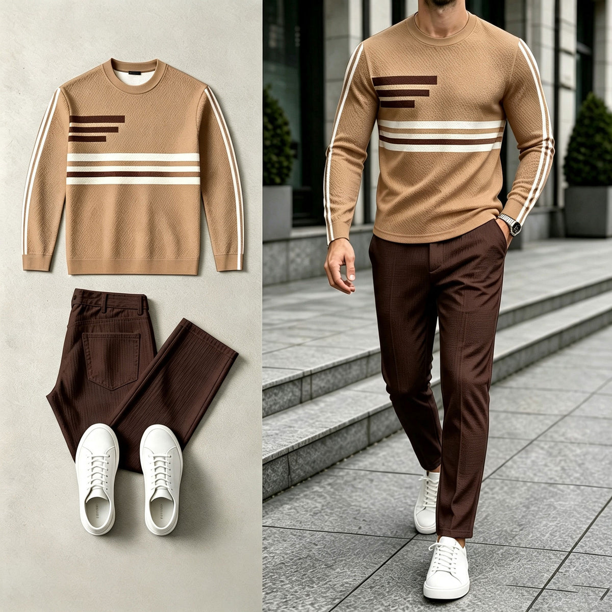Men's Striped Crewneck Sweatshirt and Pants Set