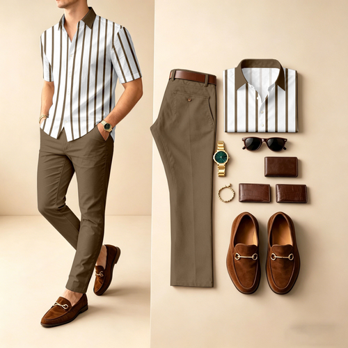 Men's Casual Khaki Stripes Printed Polo Shirt And Pants Two-Piece Set