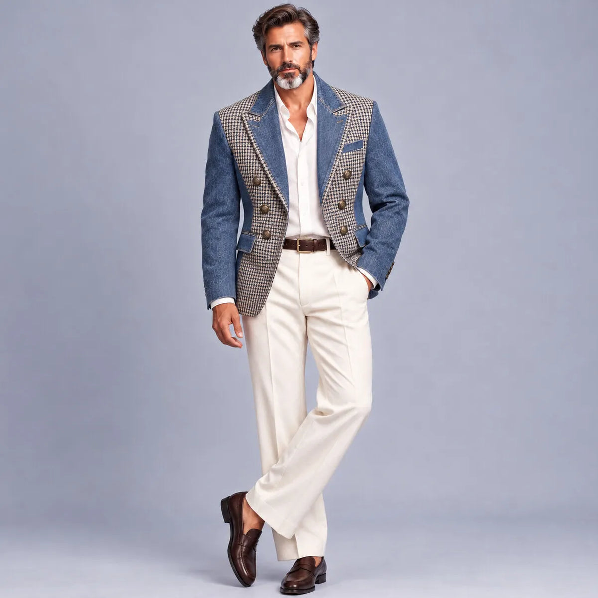 Men's Blue Denim Houndstooth Patchwork Peak Lapel Vintage Double-Breasted Blazer