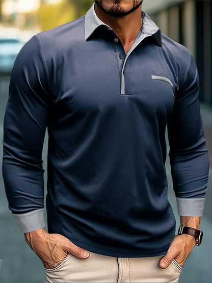 Men's Fashion Color Blocking Half Button Long Sleeve Polo Shirt