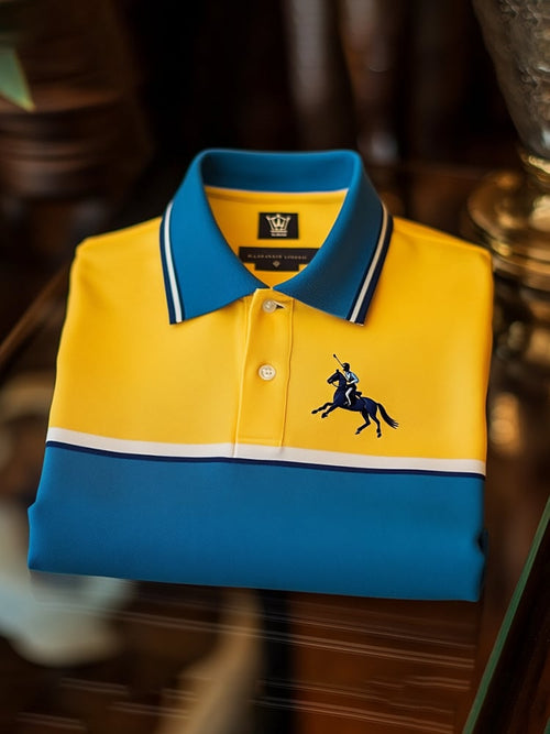 Men's Classic Business Check Logo Button Short Sleeve Polo Shirt