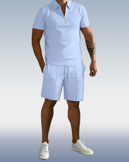 Suitmens Men'sPlain Zipper POLO Short Sleeve Set 0095