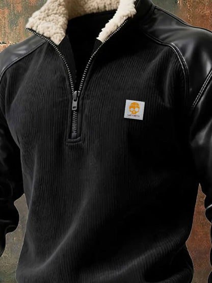 Men's Vintage Corduroy Leather Stitching Zipper Fur Collar Sweatshirt