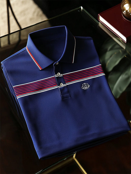 Men's Casual Business Stripe Print Button-Down Short Sleeve Polo Shirt