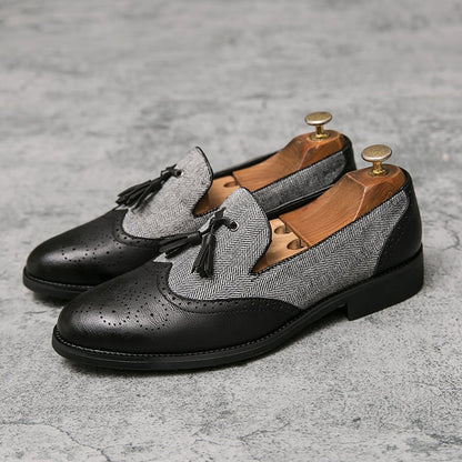 Business Casual Retro Carved Color Block Fringed Leather Shoes