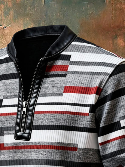 Men'S Casual Retro Contrast Color Half Zip Stand Collar Long Sleeve Sweatshirt