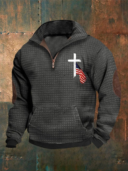Men's Casual Zip Neck Waffle Faith Print Sweatshirt