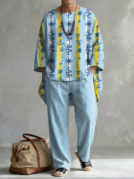 Summer Vacation Palm Tree And Vertical Stripe Decorative Pattern Long Sleeve Cotton Linen Top And Pants Two Piece Set