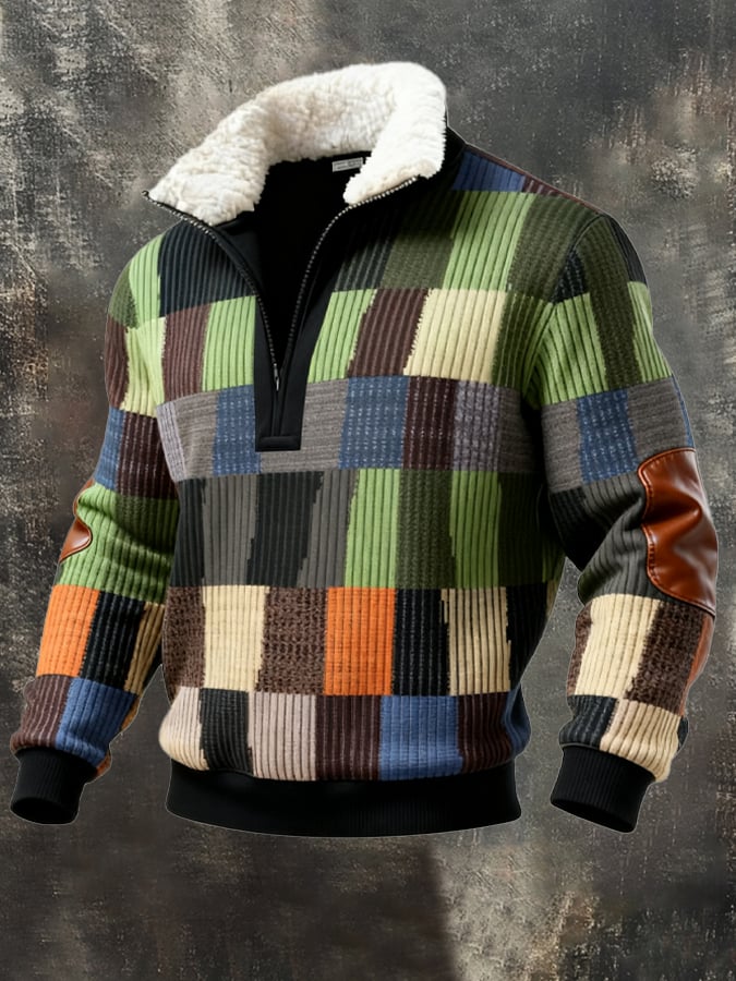 Men's Retro Color Block Print Casual Fur Collar Sweatshirt