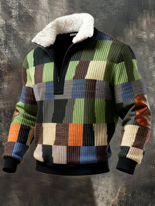 Men's Retro Color Block Print Casual Fur Collar Sweatshirt