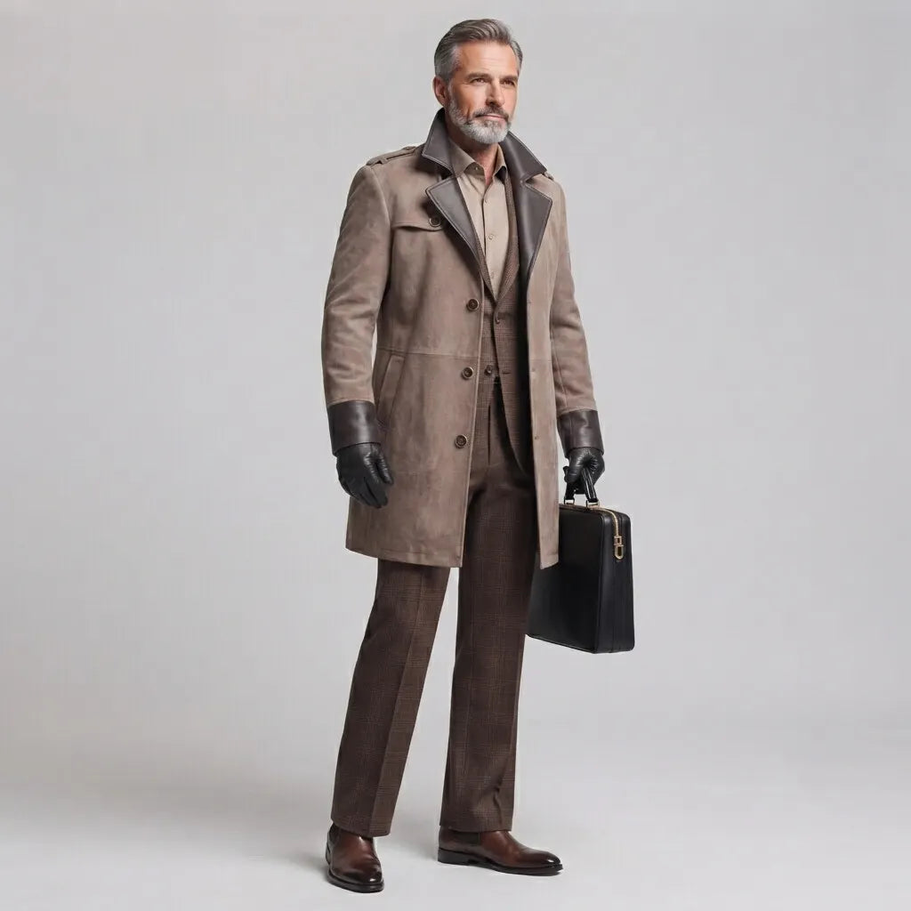 Men's Classic Khaki Contrast Lapel Collar PU Leather Trim Suede Trench Coat