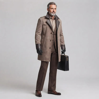 Men's Classic Khaki Contrast Lapel Collar PU Leather Trim Suede Trench Coat