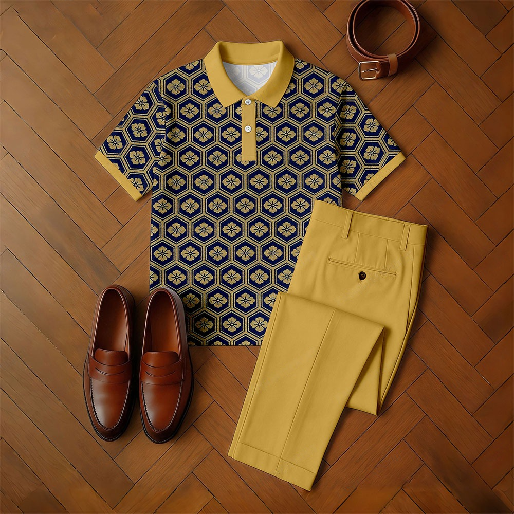 Men's Casual Yellow & Navy Color Matching Retro Flower Printed Short Sleeved Polo Shirt & Trousers Two-Piece Set