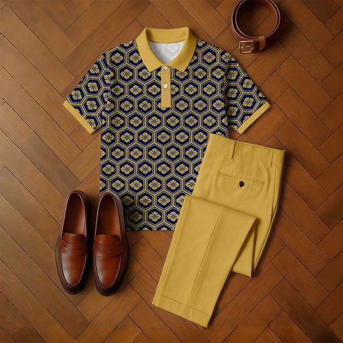 Men's Casual Yellow & Navy Color Matching Retro Flower Printed Short Sleeved Polo Shirt & Trousers Two-Piece Set