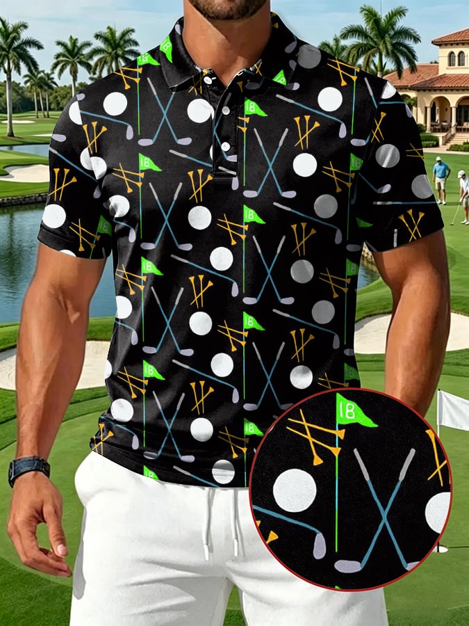 Men's Golf Ball & Club Printed Casual Polo Shirt