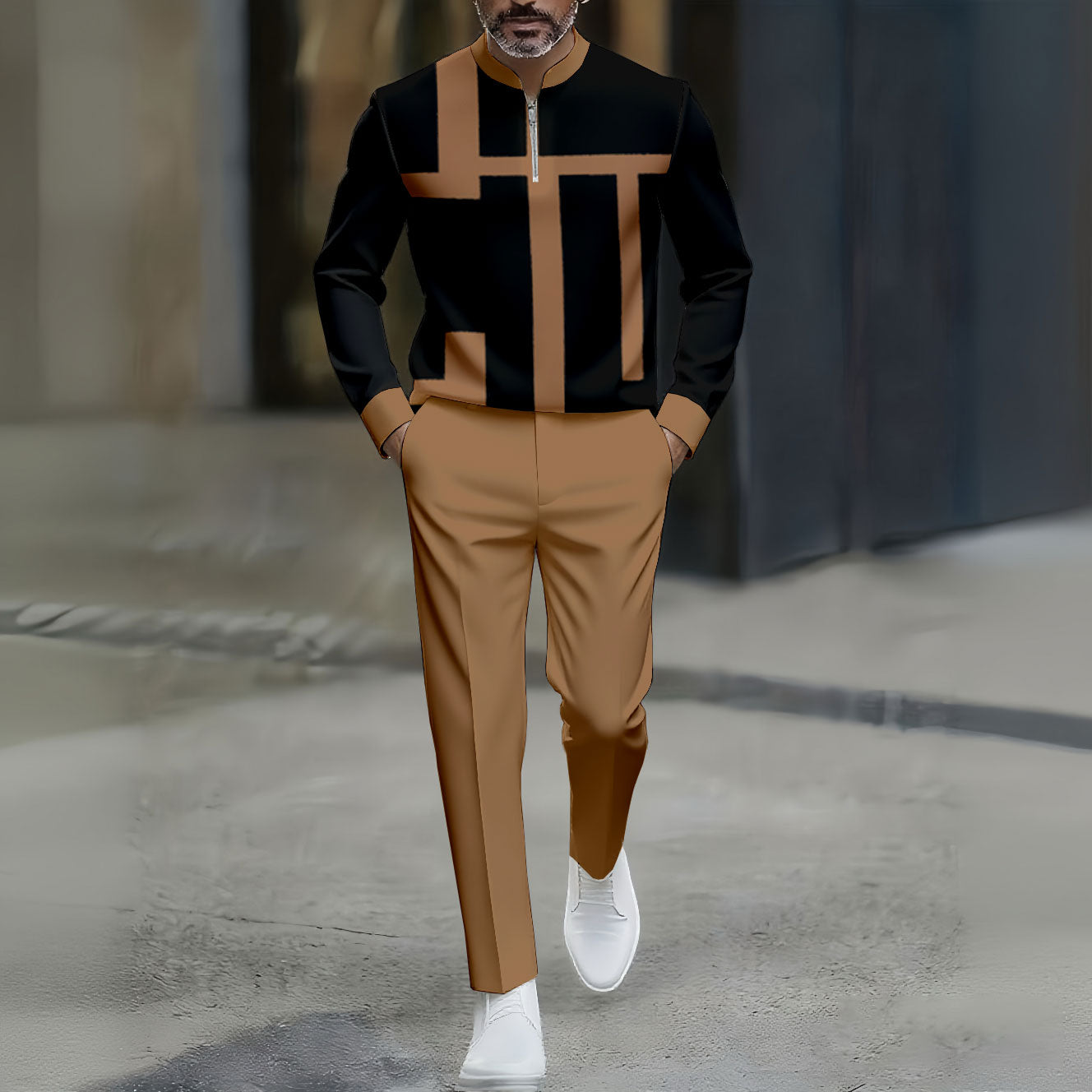 Men's Casual Brown & Black Color Matching Asymmetric Striped Printed Round-Neck Zipper Long Sleeved Trousers Two-Piece Set