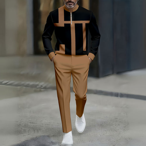 Men's Casual Brown & Black Color Matching Asymmetric Striped Printed Round-Neck Zipper Long Sleeved Trousers Two-Piece Set