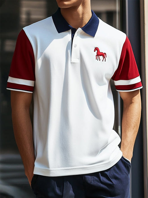 Men's Business Stripe Logo Button-Down Short Sleeve Polo Shirt