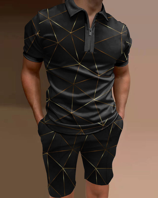 Men's polo shirt gradient print two-piece set