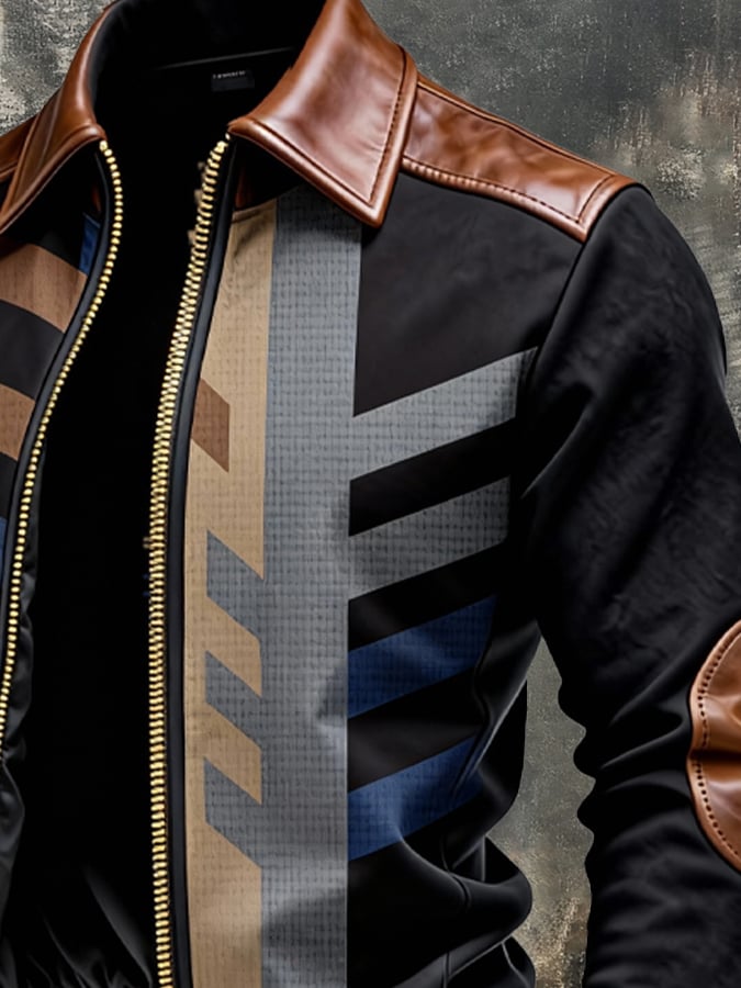 Men's Retro Color Block Print Patchwork Leather Warm Multi-Pocket Outdoor Jacket