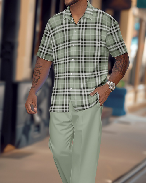 Men's Retro Plaid Colorblock Short Sleeve Shirt Walking Suit 1648