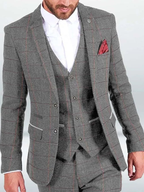 Men's Business Single-Breasted Plaid Contrast Color Suit Three-Piece Suit