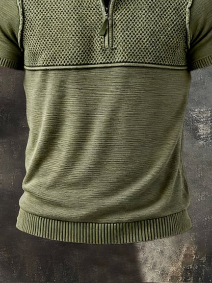 Men's Retro Color Block Knit Half-Zip Collar Short-Sleeve Top
