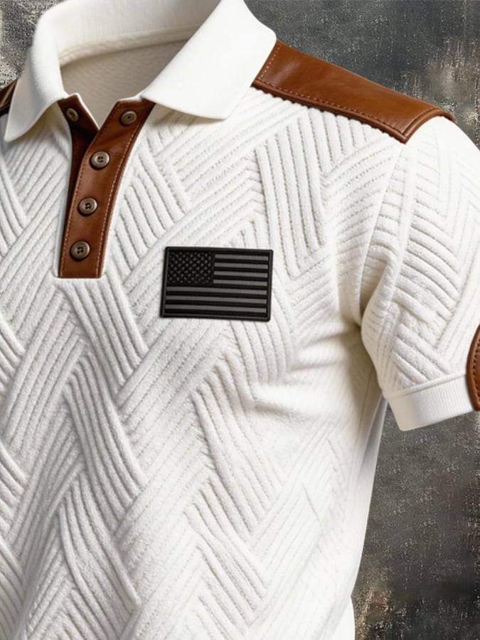 Men's Retro Textured Color-Blocked Polo Collar Short Sleeves