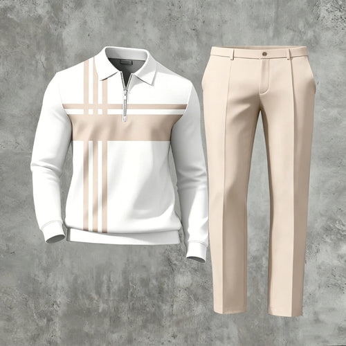 Men's Casual Apricot Pink Geometric Printed Long-Sleeve And Pants Two-Piece Set
