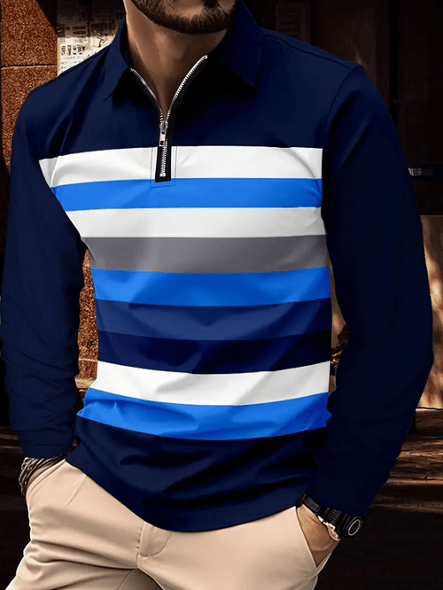 Men's Business Casual Striped Zipper Polo