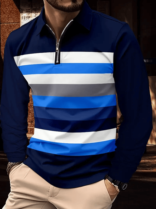 Men's Business Casual Striped Zipper Polo
