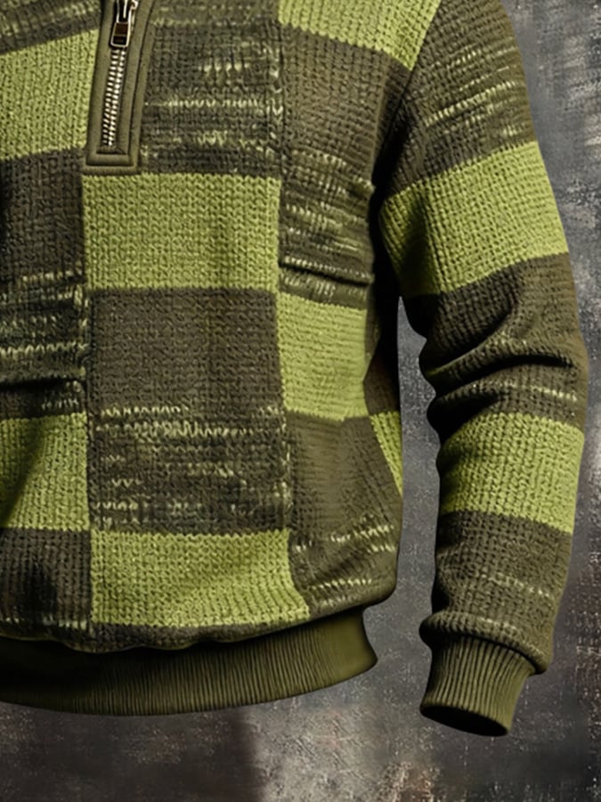 Men's Retro Color Block Print Color-Blocked Zip-Up Sweatshirt