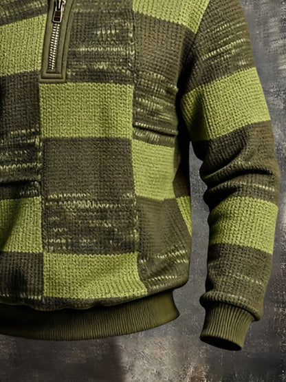 Men's Retro Color Block Print Color-Blocked Zip-Up Sweatshirt