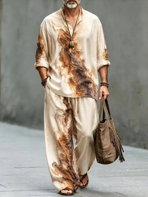 Men's Marble Swirl Tie Dye Print Half Button Long Sleeve Shirt Pants 2pcs Set