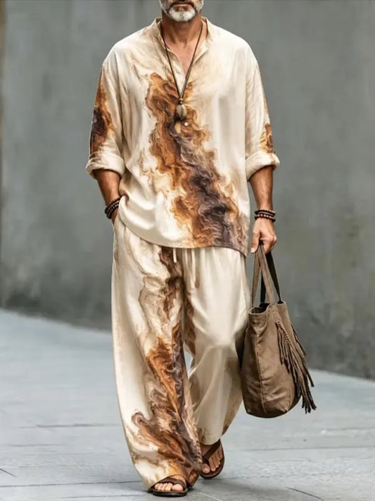 Men's Marble Swirl Tie Dye Print Half Button Long Sleeve Shirt Pants 2pcs Set