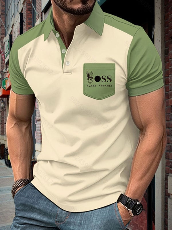 Men's Business Color-Blocked Logo Button-Down Short Sleeve Polo Shirt
