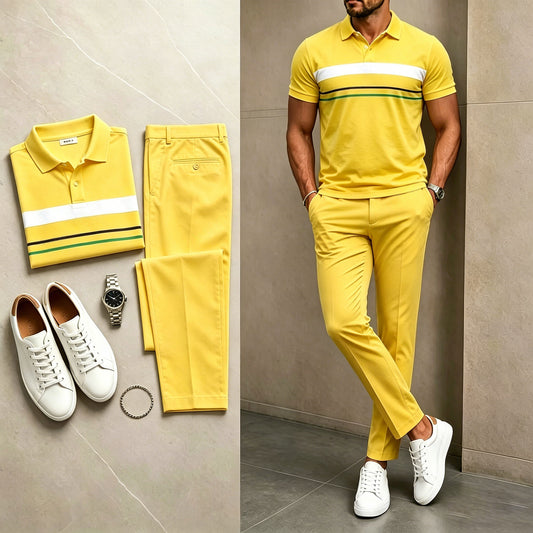 Men's Casual Pale Yellow Printed Polo Shirt And Pants Two-Piece Set