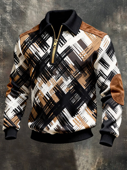 Men's Vintage Color-Block Printed Zip-Up Hoodie