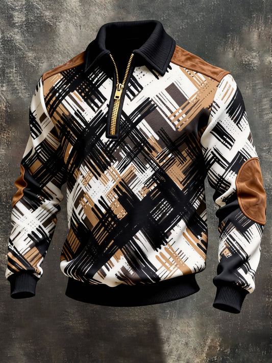 Men's Vintage Color-Block Printed Zip-Up Hoodie