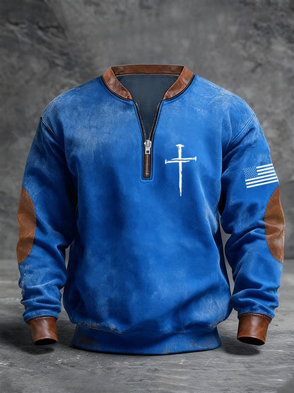 Men's Retro Faith Cross Print Zipper Stand Collar Long Sleeve Sweatshirt