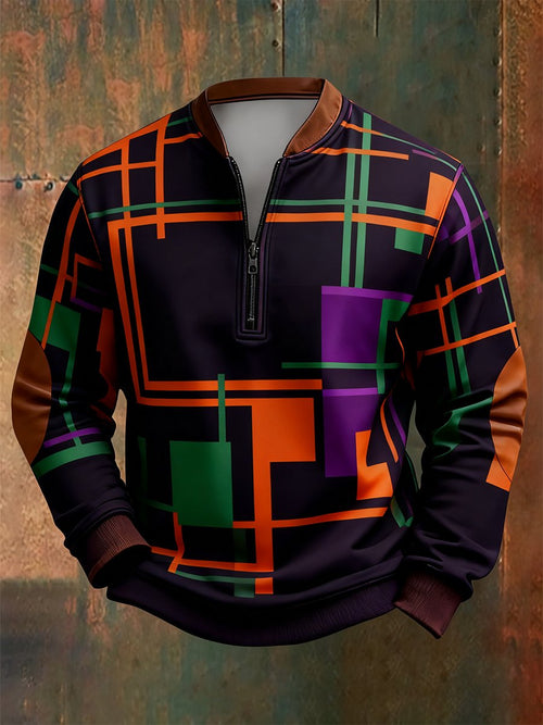 Men's Retro Bauhaus Geometric Style Print Quarter Zip Sweatshirt