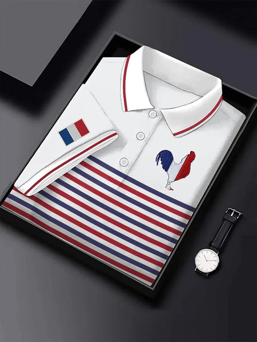 Men's Short Sleeve French Stripe Print Button POLO Shirt