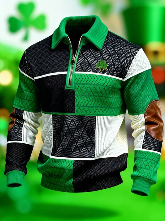 (Detachable Shamrock Brooch Included) Men's St. Patrick's Day Printed Color-Block Zip-Up Hoodie