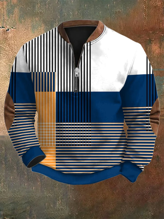 Men's Retro Mondrian Color Block Print Zip Collar Sweatshirt