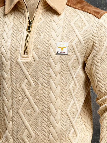 Men's Retro Jacquard Textured Patchwork Comfortable Color-Blocked Zip-Up Sweatshirt