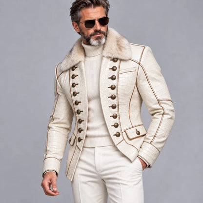 Men's Beige Crocodile Texture PU Leather Contrast Piping Fuzzy Collar Double Breasted Jacket
