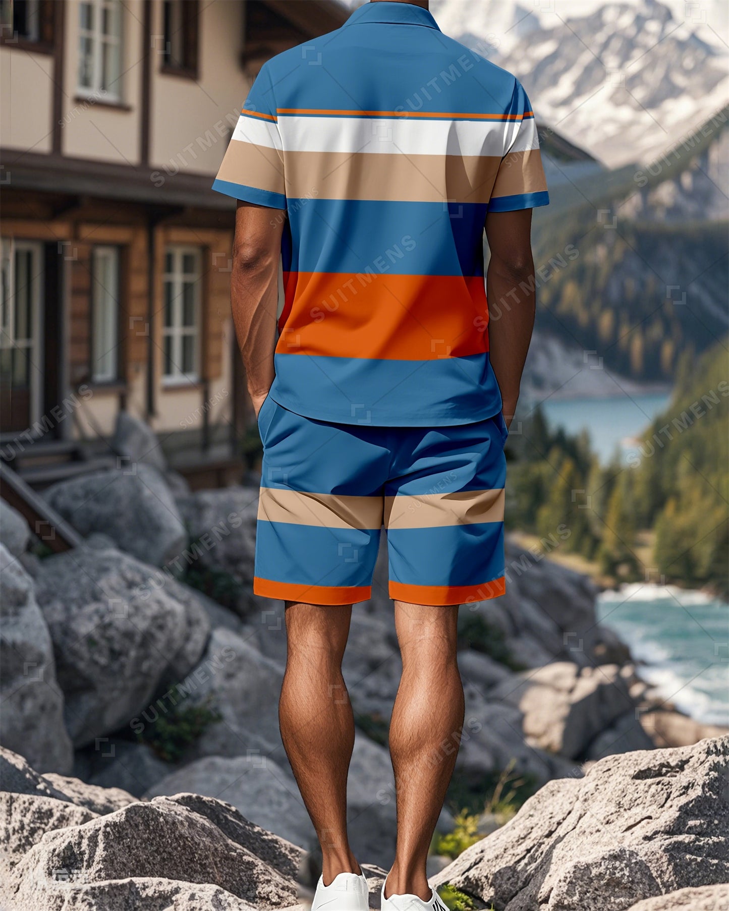 Men's Color Blocked Summer Polo Shorts Set 08
