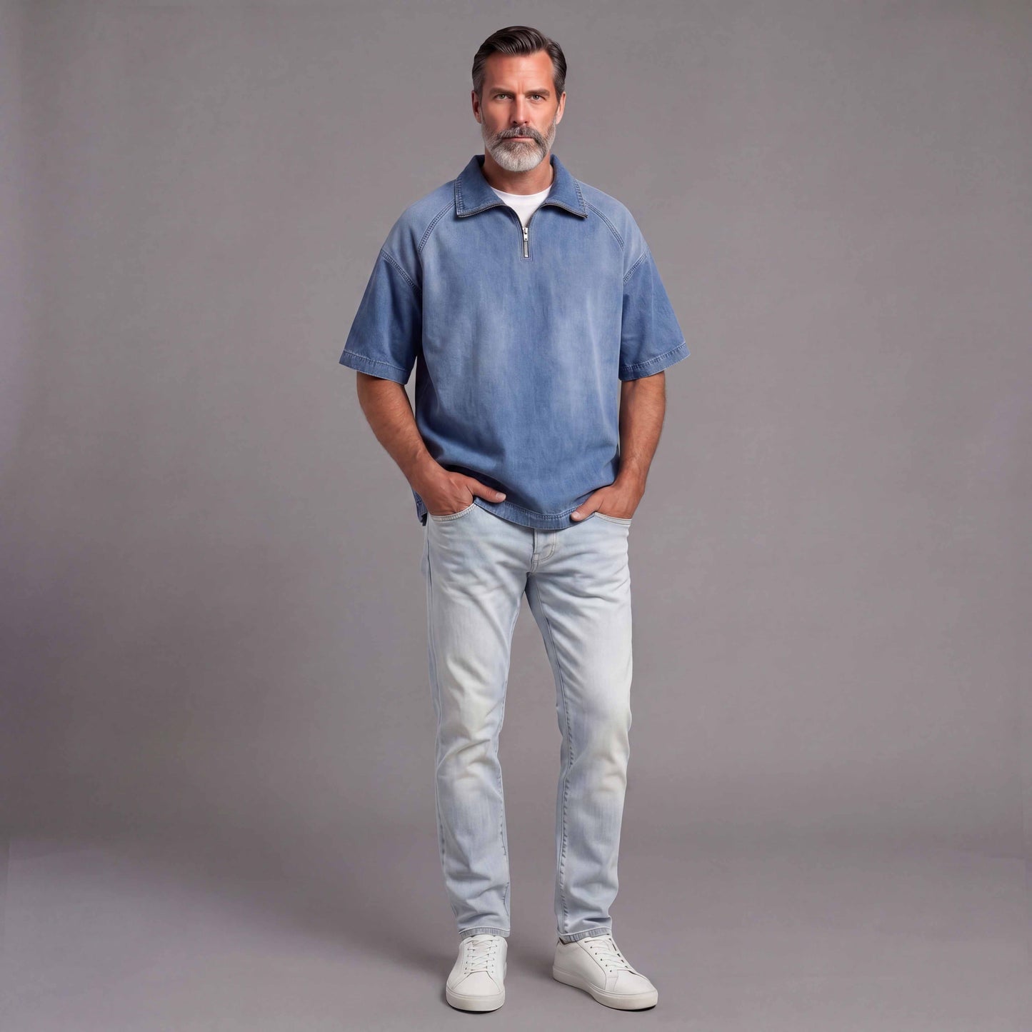 Men's Distressed Denim Short-Sleeve Shirt With Zipper Collar
