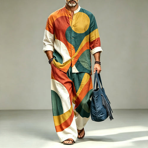 Men's Multi-Color Block-Print Stand-Collar Long-Sleeve Shirt and Pants Set